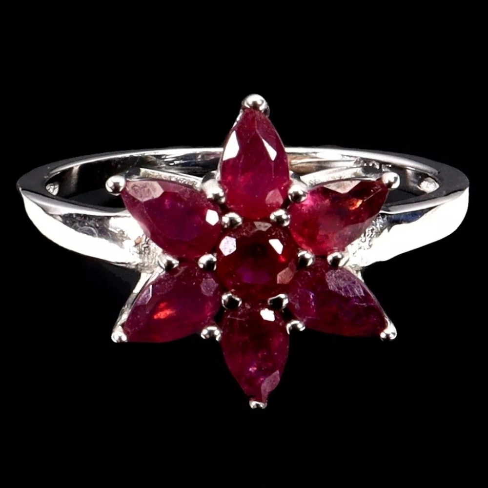 NEW 925 Sterling Silver Ring Pear Ruby 5x3mm Flower Gemstone US Size 8.5 UV